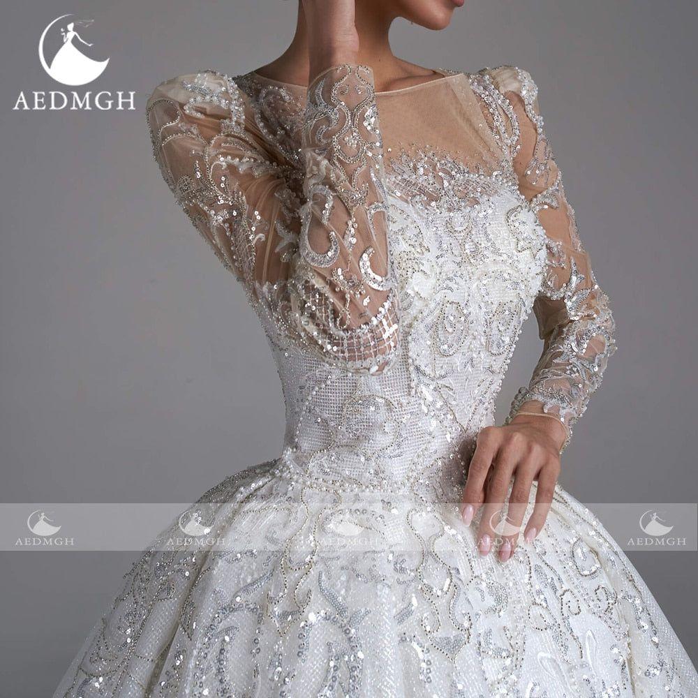 Isabella Ball Gown Shiny Glamorous Wedding Dress Boat Neck Long Sleeve Lace Beaded Sequined - Frimunt Clothing Co.