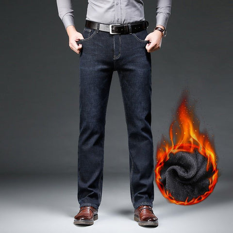 Winter Straight Fit  Thick Warm Fleece Lined Men's Jeans Classic Badge Business Casual High waist Denim