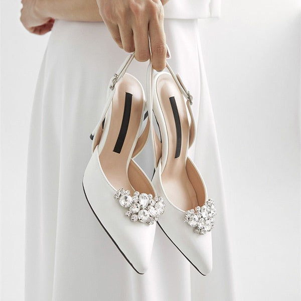 Satin Pointed Toe with Rhinestone High Heels Back Strap White Bridal Shoes - Frimunt Clothing Co.