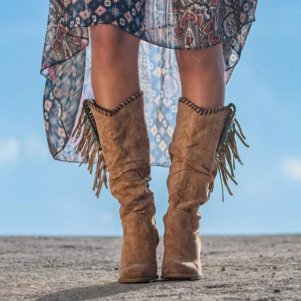 Western Cowboy Boots For Women Faux Suede Mid-Calf Side Fringe