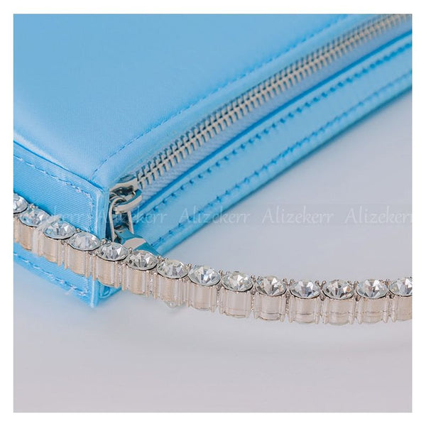 Women's Circular Glitter Crystal Satin Evening Bag With Metallic Handle Rhinestones Clutch - Frimunt Clothing Co.