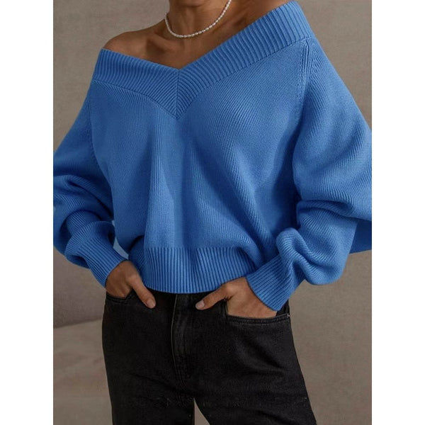 Women's Full Sleeve V neck Sweater Loose Fit Solid Colors Knitwear