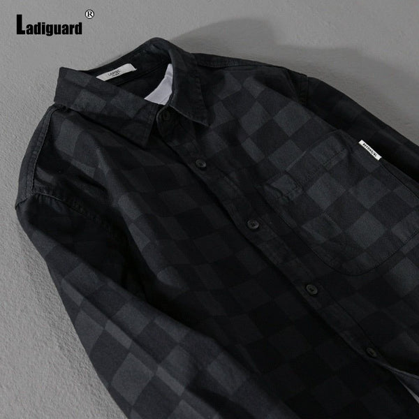 Men's Long Sleeves Black Plaid Shirt Vintage Style Front Single Pocket