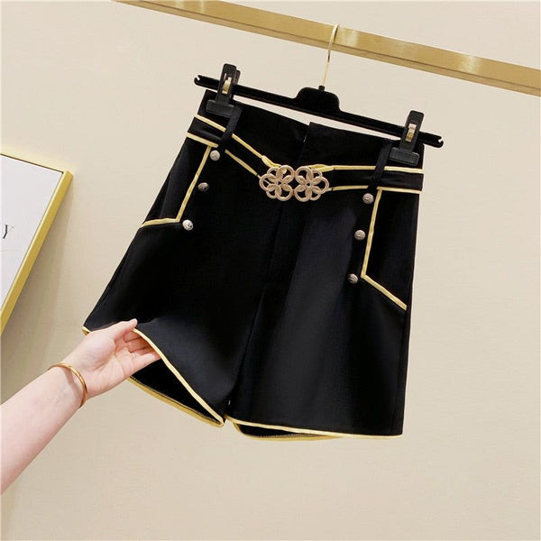 Women's Belted Riveted Black Gold High Waist Button A- Line Casual Shorts Women 2022 Spring Summer Loose Slim Retro Wide Leg Short Pants - Frimunt Clothing Co.