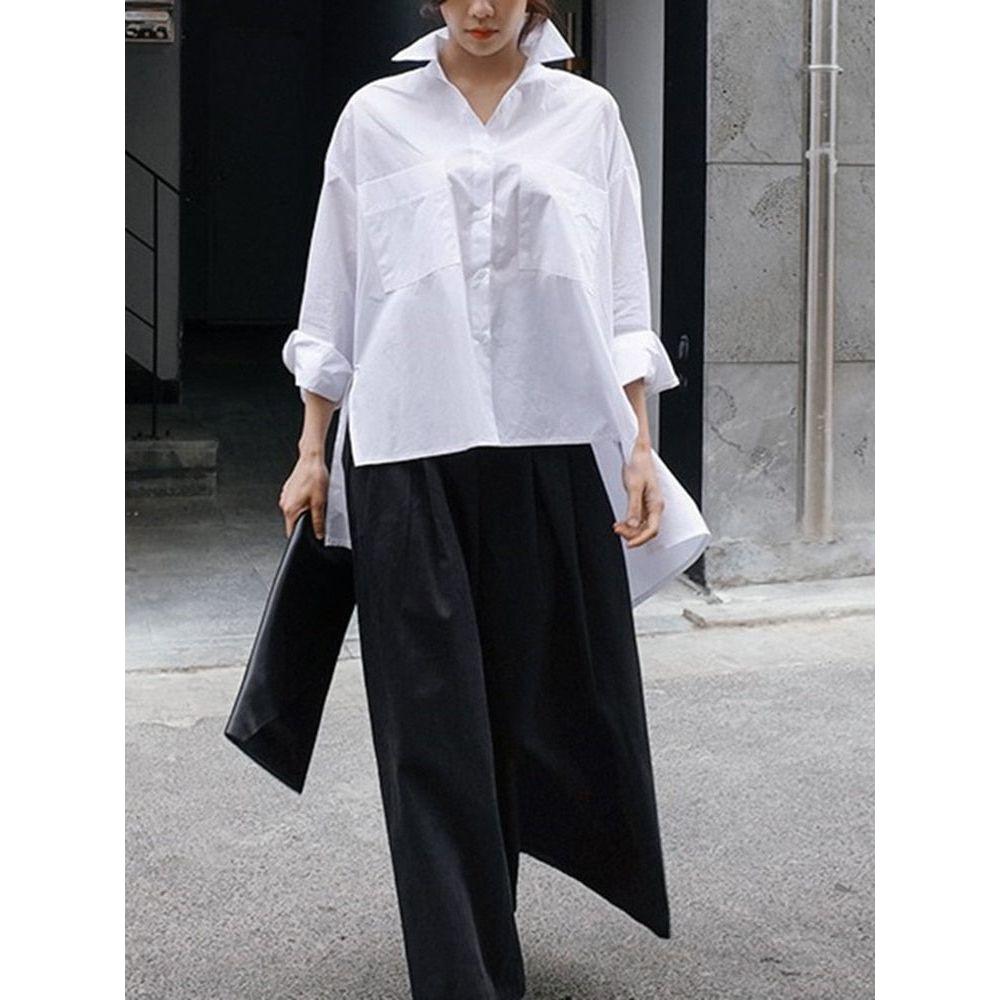 New Spring Autumn Lapel Long Sleeve White Back Long Loose Big Size Irregular Shirt JU847 - Frimunt Clothing Co.