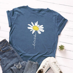 Camiseta de S-5XL de verano para mujer, bonita con estampado de margaritas, 100% algodón, manga corta con cuello redondo.