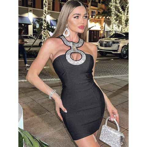 Women Summer Sexy Backless Halter Sequined Sparkly Black Bodycon Bandage Dress - Frimunt Clothing Co.