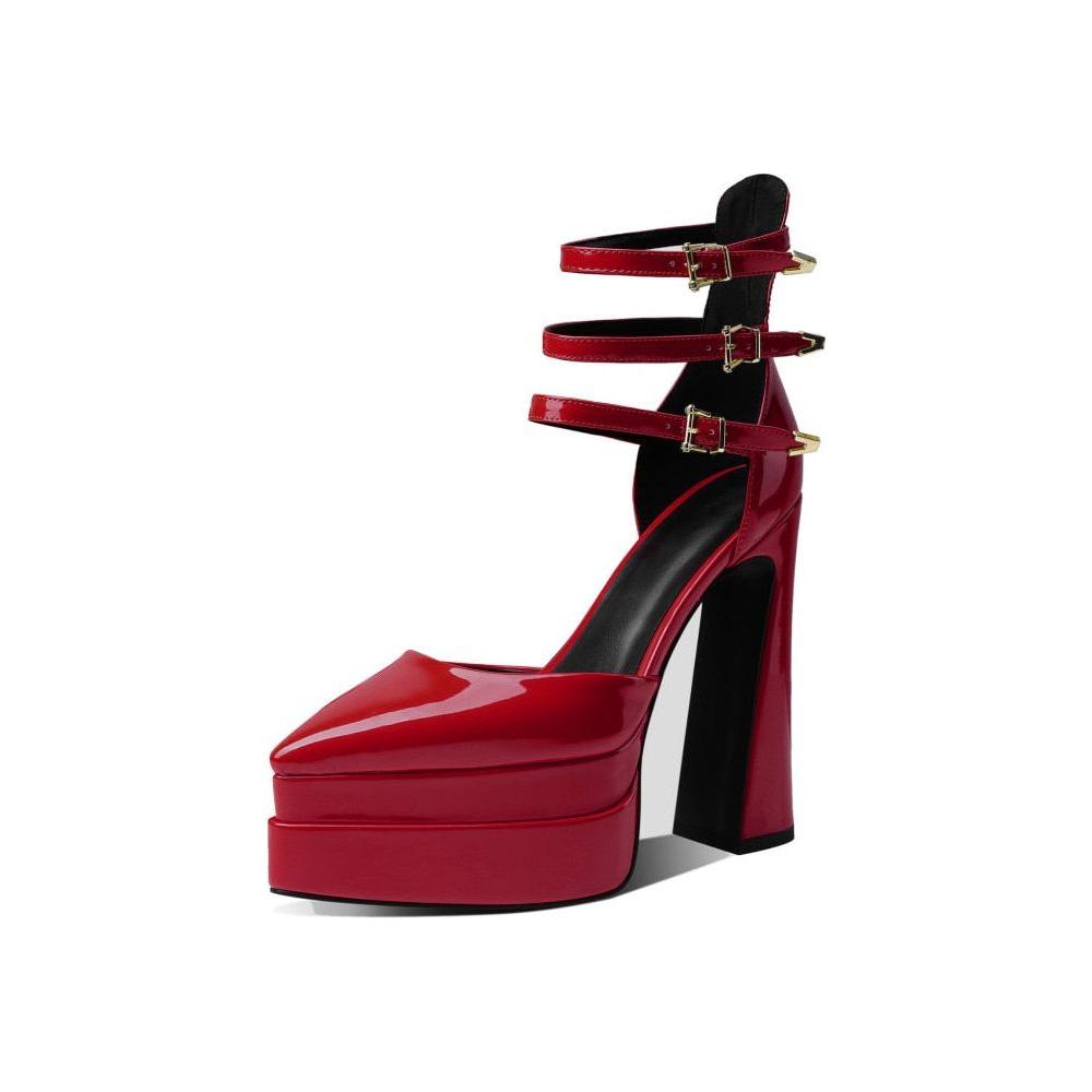 New Patent Leather Three Buckle Straps Women's Pumps Sexy High Heels Pointy Toe Double Deck Platform - Frimunt Clothing Co.