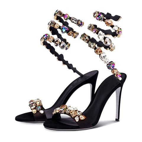 New Women's Stiletto High-Heel Sexy Snake Ankle Wrap Strap Mixed Colors Crystal Sandals - Frimunt Clothing Co.
