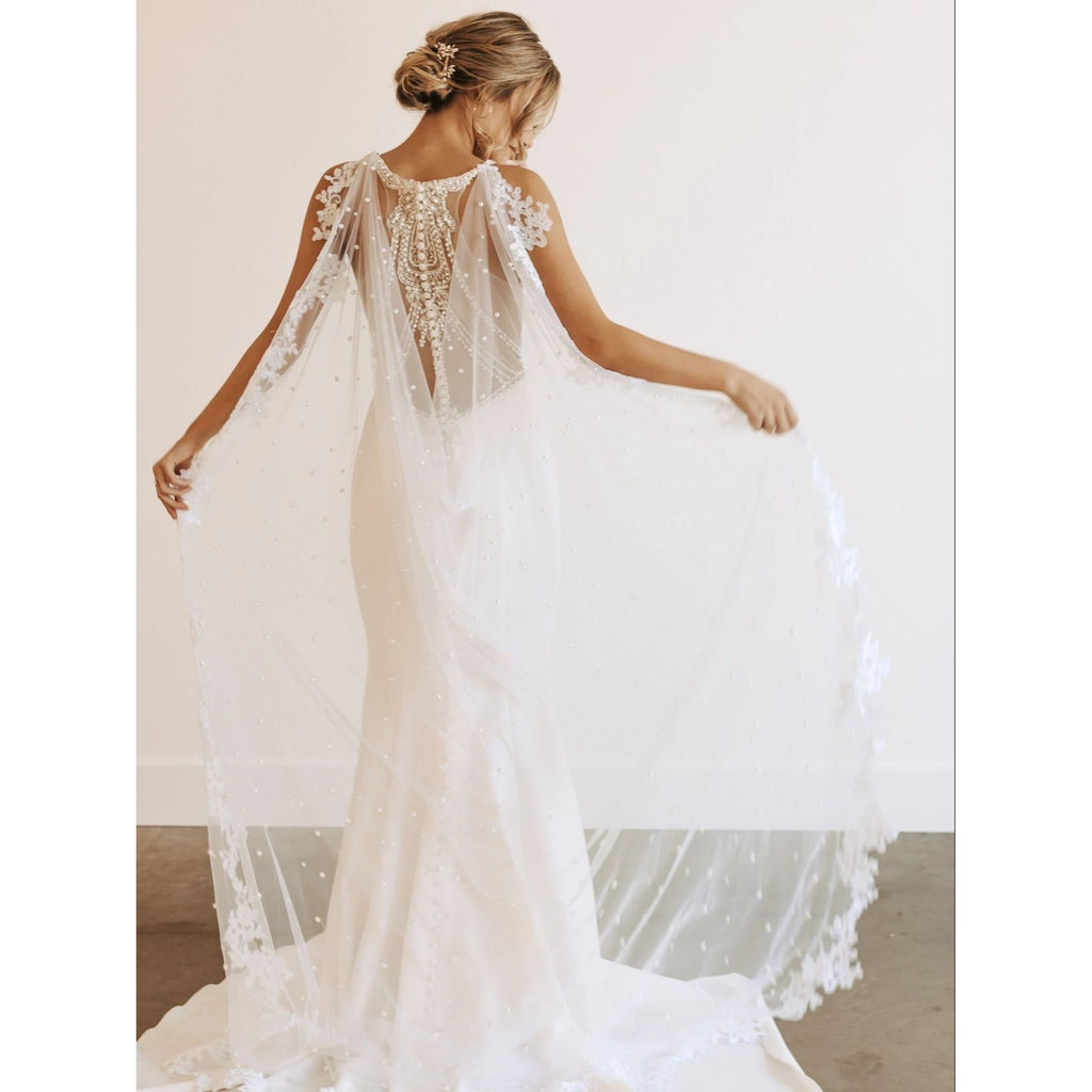 Bridal Shawl Cape With Pearls Beaded Lace - Frimunt Clothing Co.