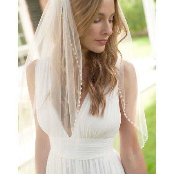 White/ Ivory 1 Tier Crystal Pearls Edged Bridal Veil with Comb - Frimunt Clothing Co.