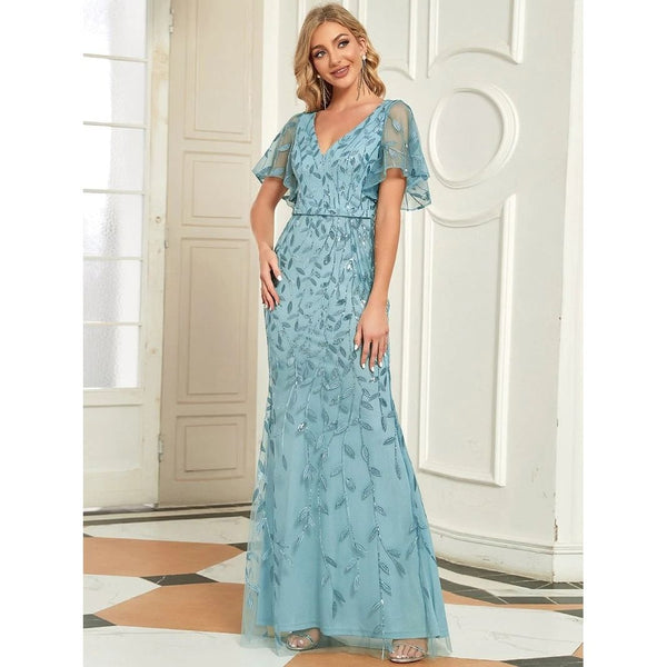 Elegant Evening Dresses Long Lace V-Neck Mermaid Short Sleeve Dusty Blue Simple Backless - Frimunt Clothing Co.