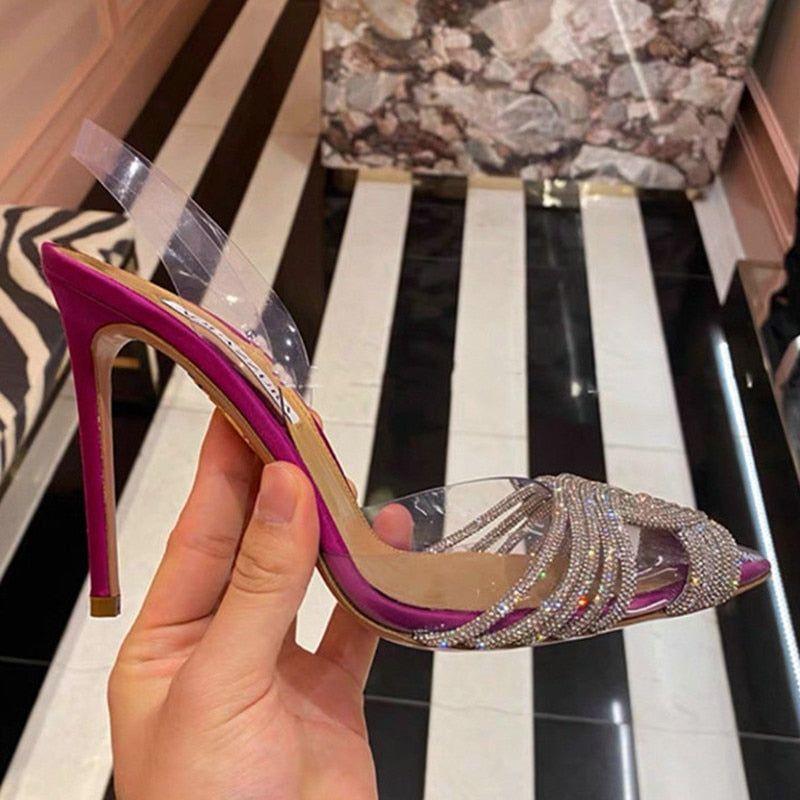 Summer Women's Back Strap Pumps Transparent Rhinestone Pointed Toe High Heels - Frimunt Clothing Co.