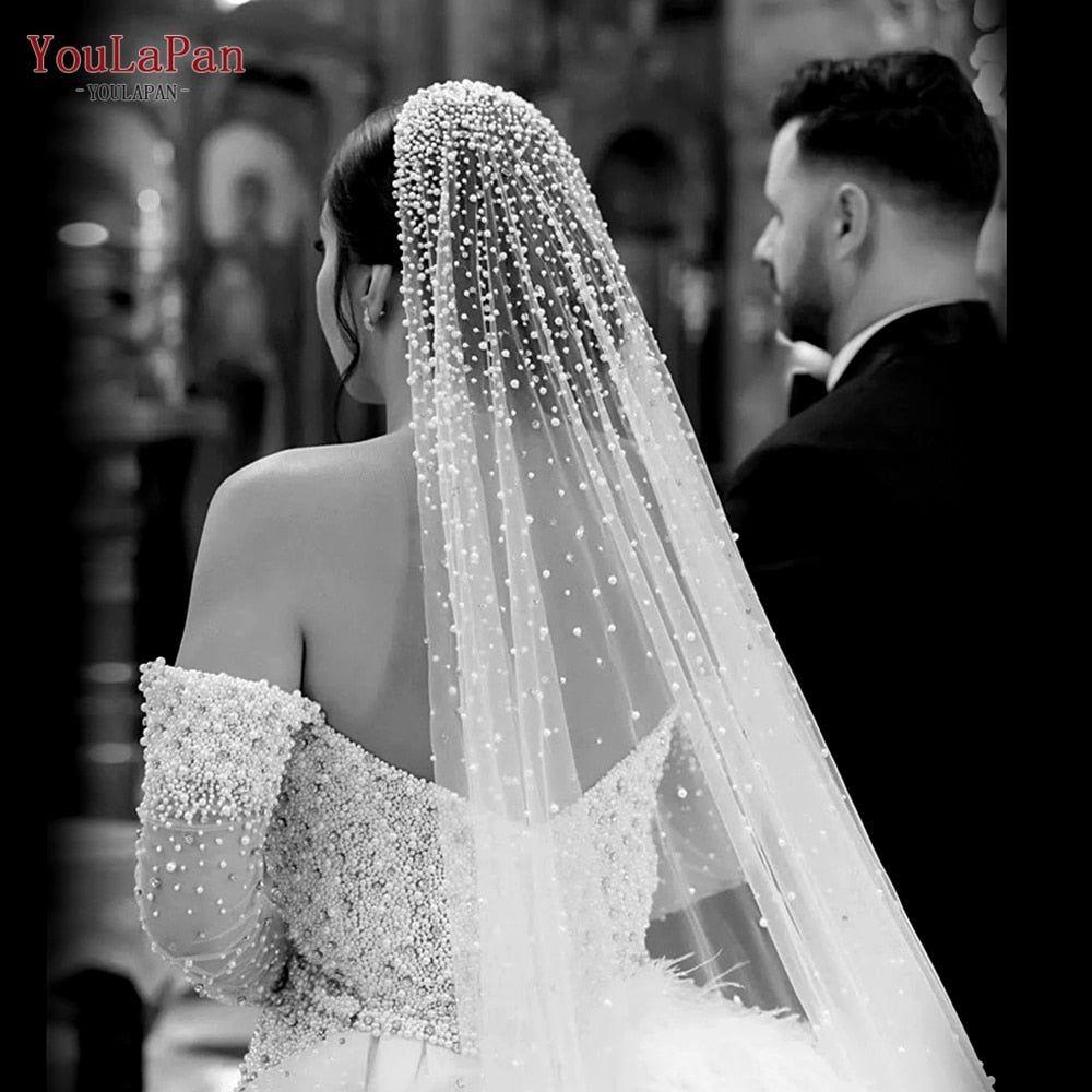 Luxury Pearl Beaded Bridal Veil 3M Cathedral Length Veils - Frimunt Clothing Co.