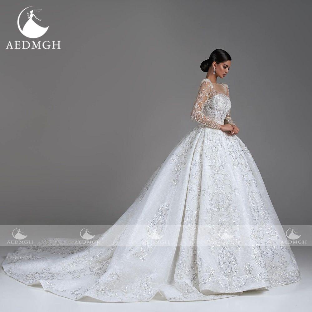 Isabella Ball Gown Shiny Glamorous Wedding Dress Boat Neck Long Sleeve Lace Beaded Sequined - Frimunt Clothing Co.