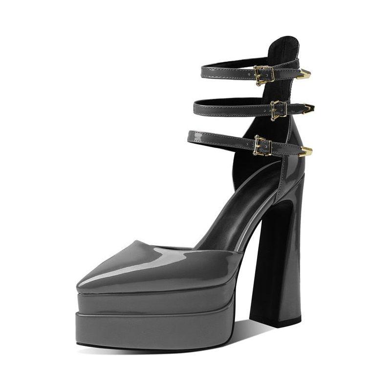 New Patent Leather Three Buckle Straps Women's Pumps Sexy High Heels Pointy Toe Double Deck Platform - Frimunt Clothing Co.