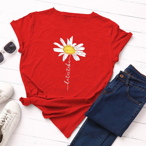 Camiseta de S-5XL de verano para mujer, bonita con estampado de margaritas, 100% algodón, manga corta con cuello redondo.