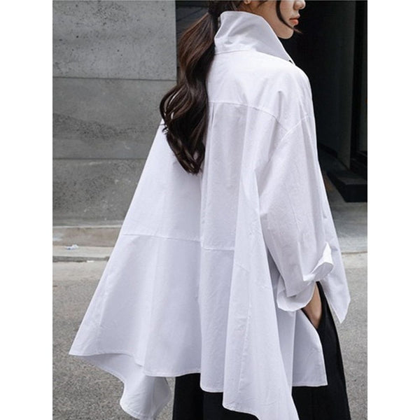 New Spring Autumn Lapel Long Sleeve White Back Long Loose Big Size Irregular Shirt JU847 - Frimunt Clothing Co.