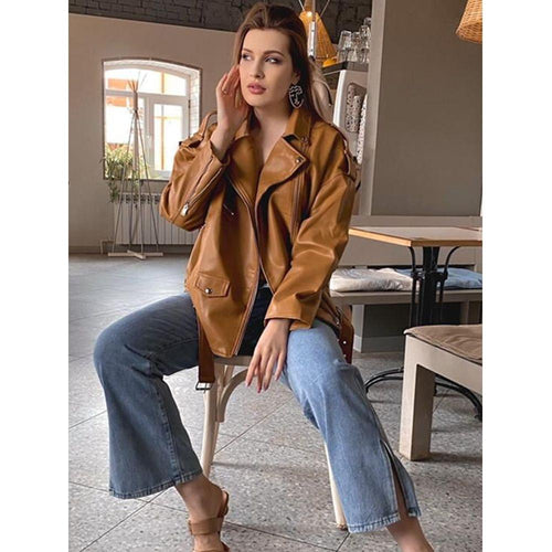 Fall Winter Women's Faux Leather Motorcycle Biker Jackets Loose Casual With Belt - Frimunt Clothing Co.