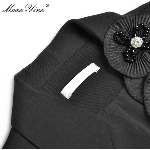 Spring Autumn Women's 2 Pieces Set Applique Long Sleeve Asymmetrical Lace-up Suit Jacket + Mesh Skirt