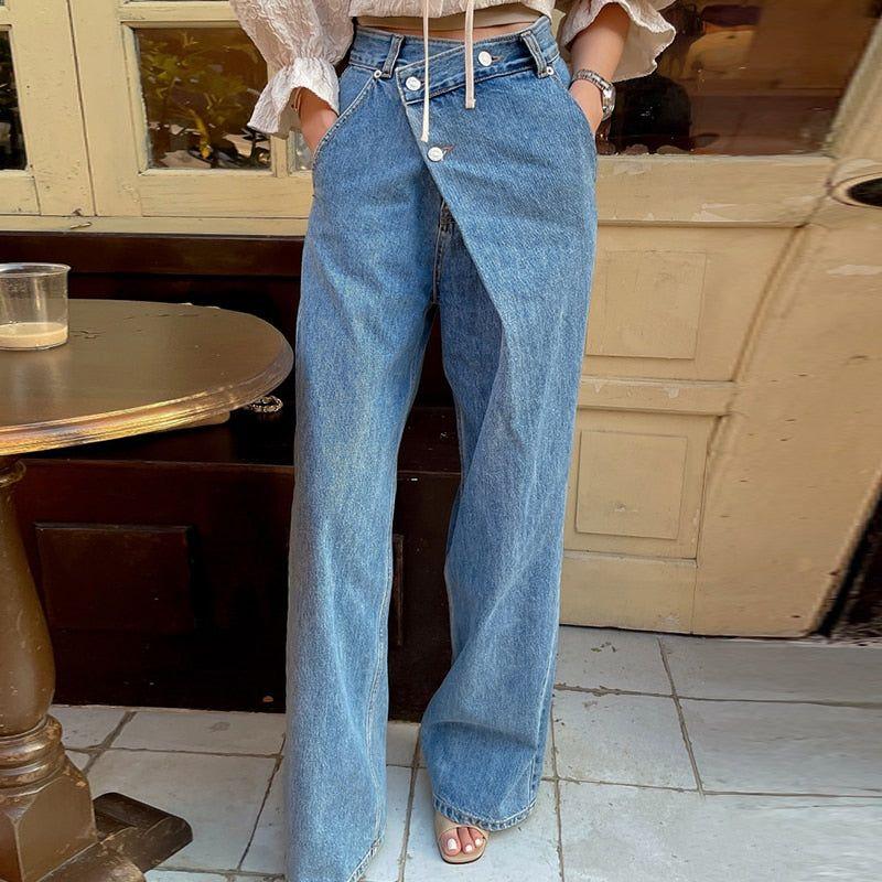 SuperAen Women's Chic Retro Irregular Waist Button Design Wide Leg Jeans - Frimunt Clothing Co.