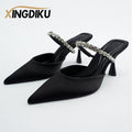 Women's Black High Heel Mules With Rhinestone Chain Pointed Toe Thin Heel - Frimunt Clothing Co.