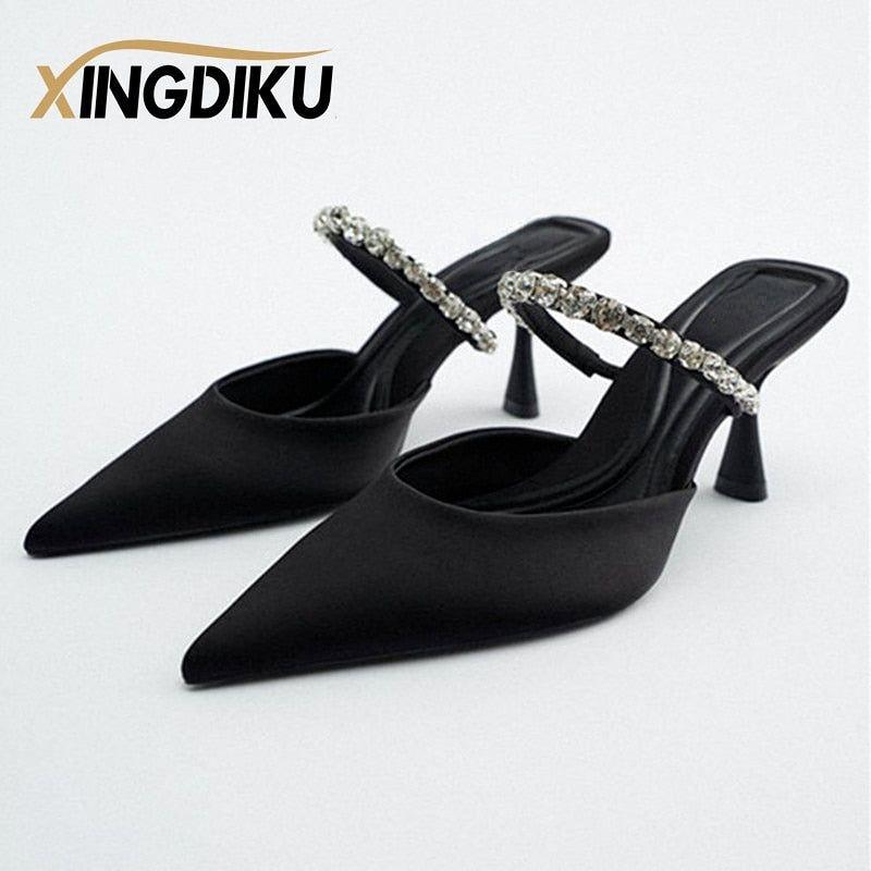 Women's Black High Heel Mules With Rhinestone Chain Pointed Toe Thin Heel - Frimunt Clothing Co.