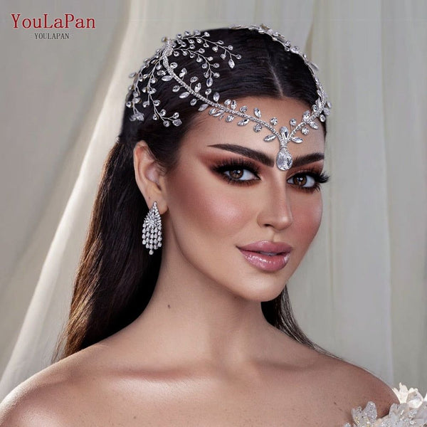 Luxury Rhinestones Wedding Forehead Headdress Water Drop Bridal Head Tiara With Combs