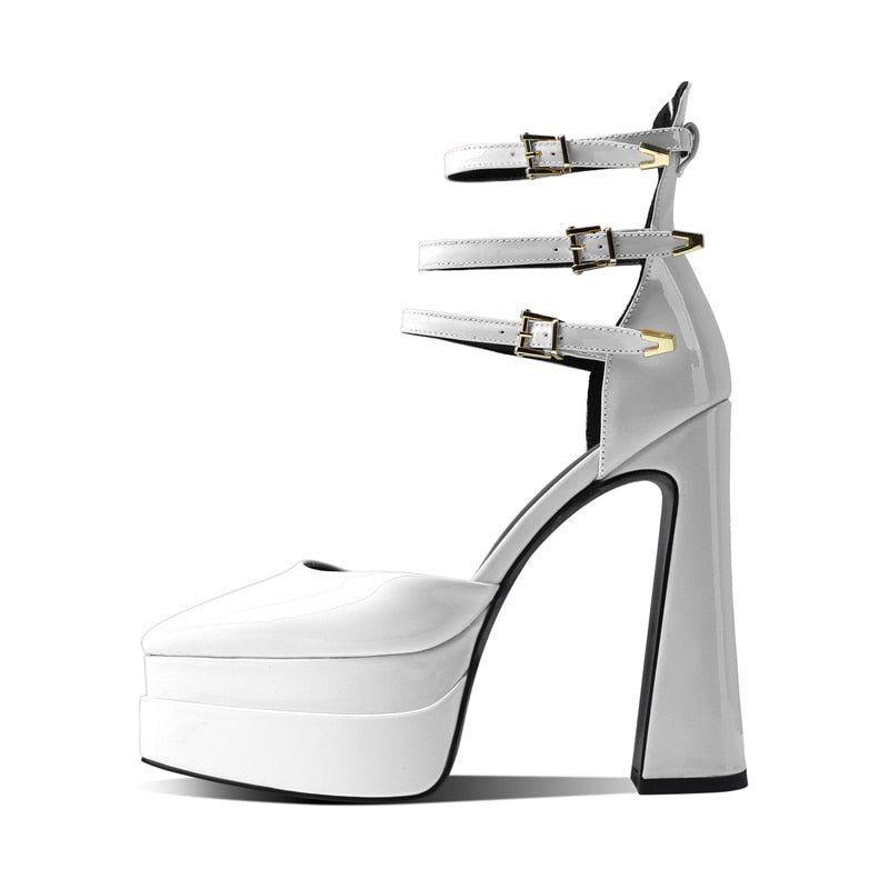 New Patent Leather Three Buckle Straps Women's Pumps Sexy High Heels Pointy Toe Double Deck Platform - Frimunt Clothing Co.