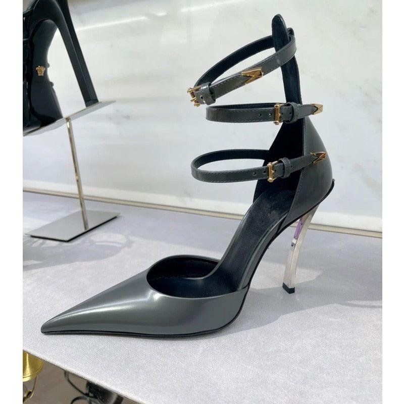 New High-end Metal Heel Stiletto Pointy Toe Triple Strap Pumps - Frimunt Clothing Co.