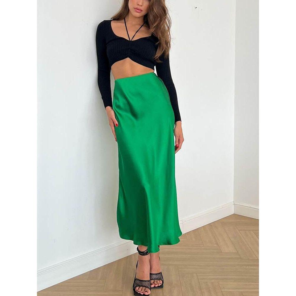 Summer Midi Satin Elegant High Waist A Line Women's Long Skirts - Frimunt Clothing Co.