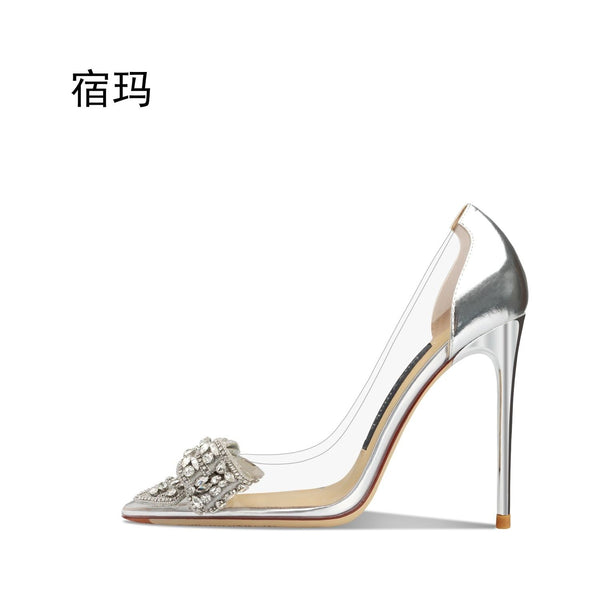New Comfortable Transparent Women Bridal Pumps Pointed Toe Clear Rhinestone High Heel Shoes