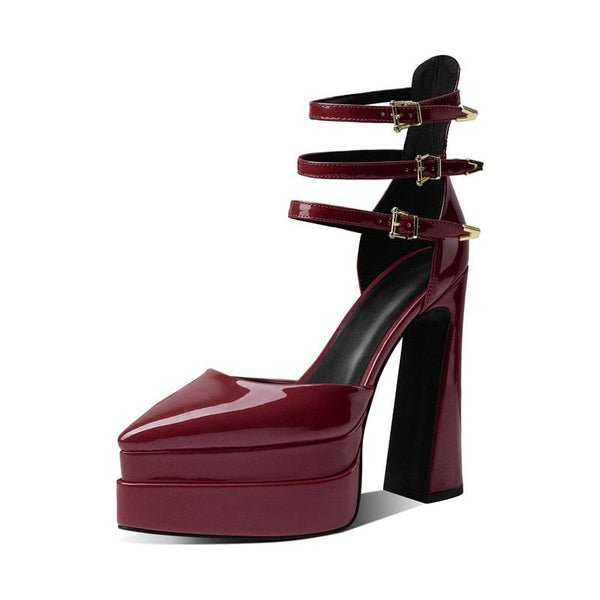 New Patent Leather Three Buckle Straps Women's Pumps Sexy High Heels Pointy Toe Double Deck Platform - Frimunt Clothing Co.