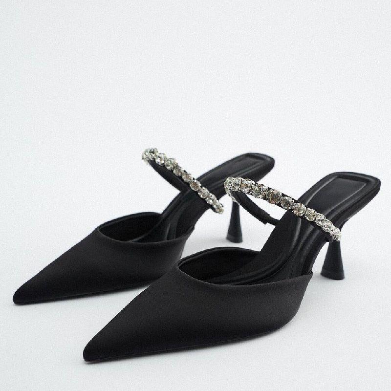 Women's Black High Heel Mules With Rhinestone Chain Pointed Toe Thin Heel - Frimunt Clothing Co.