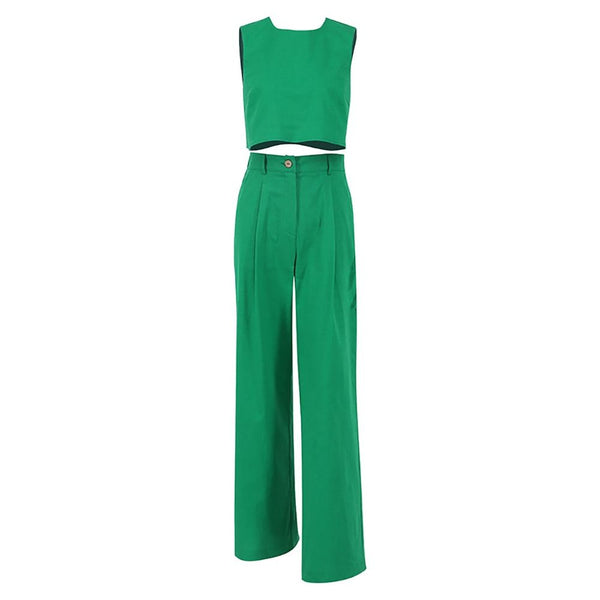 Women's 2 Pieces Set Cropped Vest And Pleated Wide Leg Pants Summer 2022 Trend