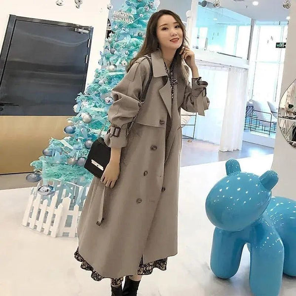 Spring Autumn Women's Trench Coat Windbreaker Plus Size Double Breasted Long Chic