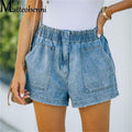 Summer New Blue Women's Denim Shorts High Waisted Pocket Jeans Shorts Casual Elastic Waist - Frimunt Clothing Co.