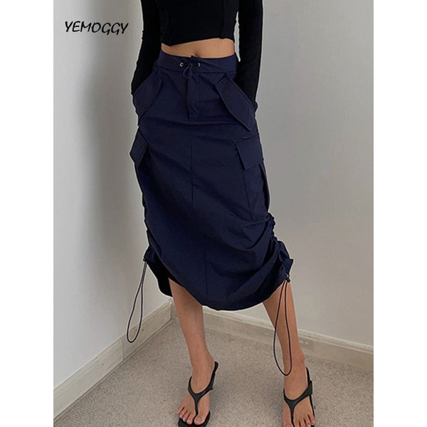 Women's Summer Double Drawstring Pocket Skirt Casual Midi Skirt