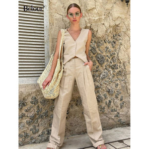 Bclout Summer Cotton Khaki Pants Sets Women's 2 Pieces Elegant V-Neck Tops + Pleated Long Pants Suits - Frimunt Clothing Co.