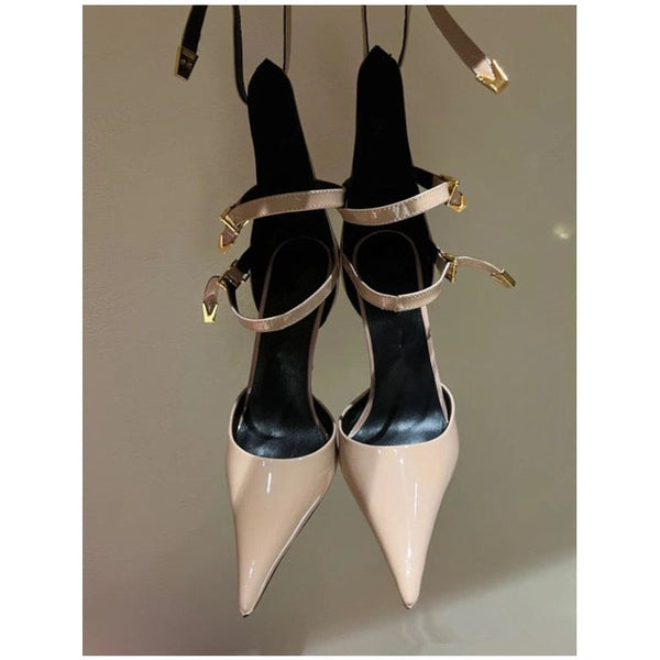 New High-end Metal Heel Stiletto Pointy Toe Triple Strap Pumps - Frimunt Clothing Co.