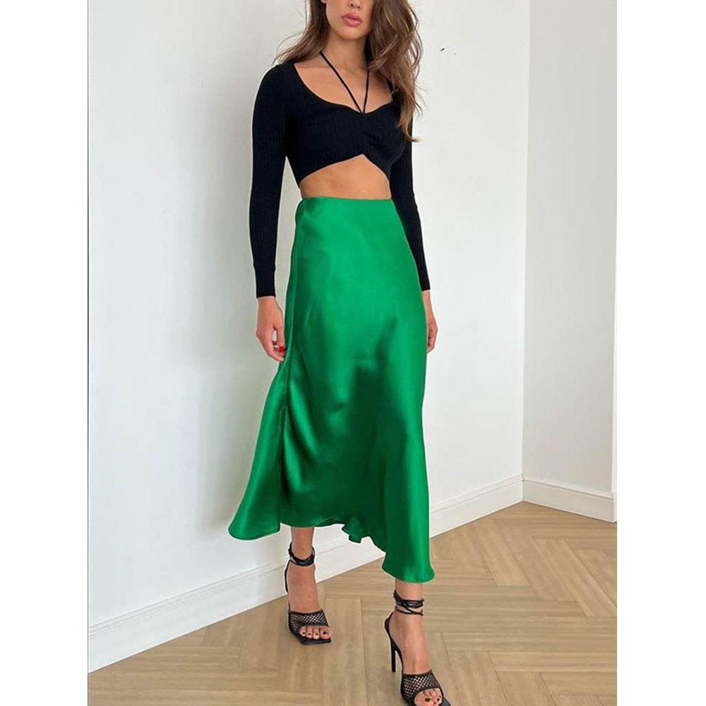 Summer Midi Satin Elegant High Waist A Line Women's Long Skirts - Frimunt Clothing Co.