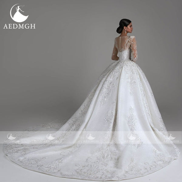 Isabella Ball Gown Shiny Glamorous Wedding Dress Boat Neck Long Sleeve Lace Beaded Sequined - Frimunt Clothing Co.