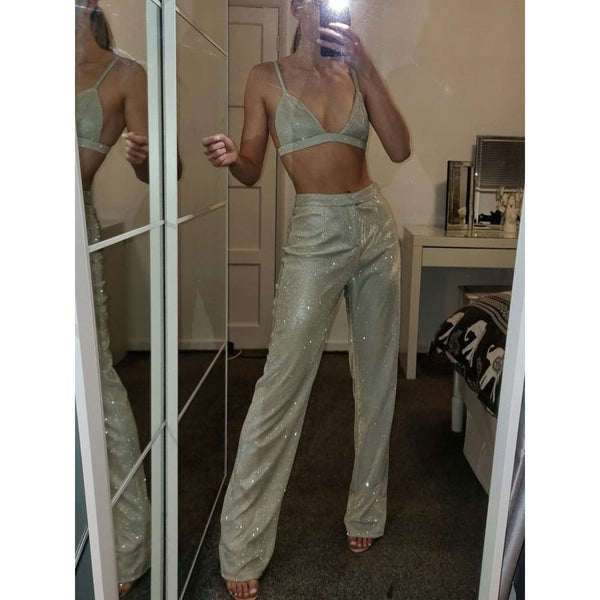 Glitter Silver New Sexy  Party 3 Pieces Pants Suit For Women Elegant Sparkly Oversized Blazer With Bra Top & Pants - Frimunt Clothing Co.