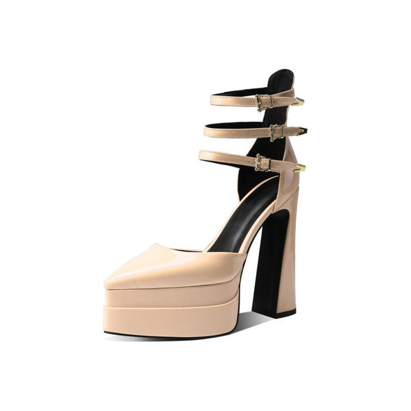 New Patent Leather Three Buckle Straps Women's Pumps Sexy High Heels Pointy Toe Double Deck Platform
