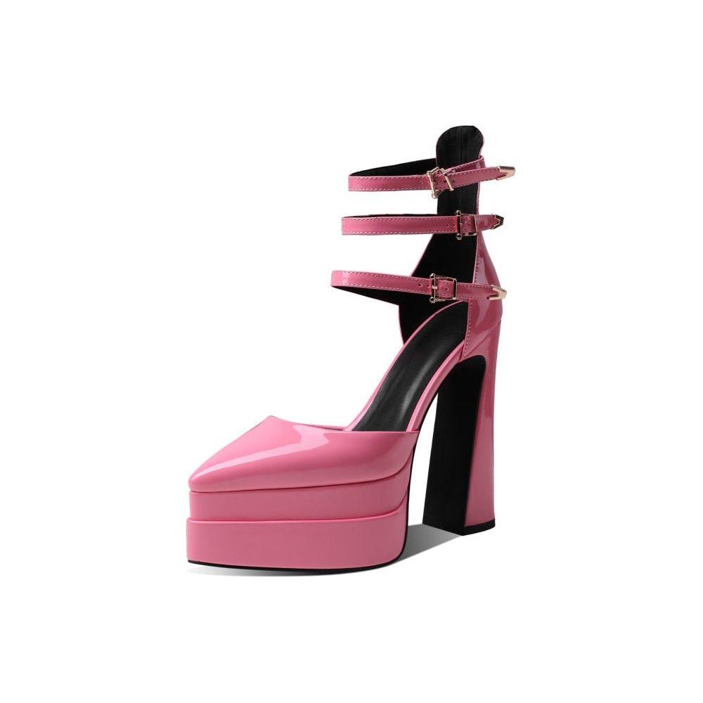 New Patent Leather Three Buckle Straps Women's Pumps Sexy High Heels Pointy Toe Double Deck Platform - Frimunt Clothing Co.