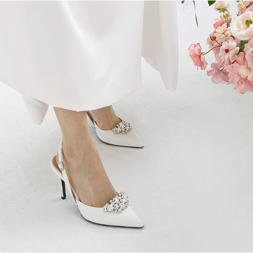 Satin Pointed Toe with Rhinestone High Heels Back Strap White Bridal Shoes