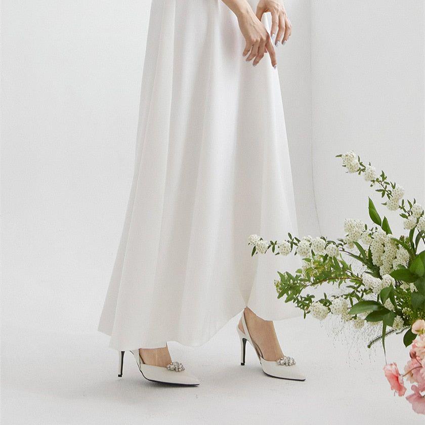 Satin Pointed Toe with Rhinestone High Heels Back Strap White Bridal Shoes - Frimunt Clothing Co.