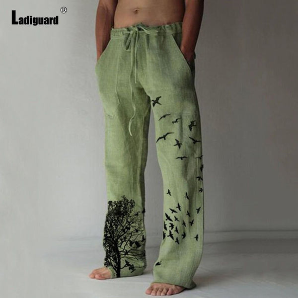 Men's Beachwear New Design Linen Pants Casual Drawstring Trouser Plus Sizes Assorted Prints