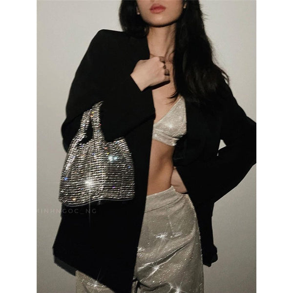Glitter Silver New Sexy  Party 3 Pieces Pants Suit For Women Elegant Sparkly Oversized Blazer With Bra Top & Pants
