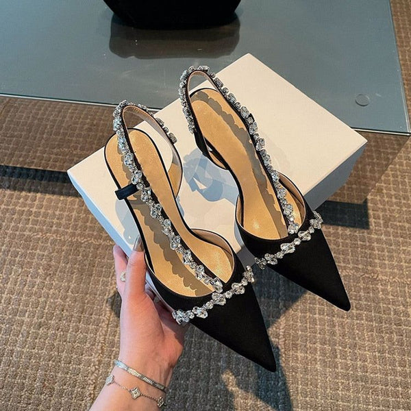 Women's Pumps Satin Black Rhinestone Chain Decoration Pointed Toe Stiletto High Heels Classy Shoes - Frimunt Clothing Co.